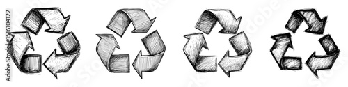 A modern illustration featuring a recycling symbol in black sketch style, consisting of three arrows that form a loop