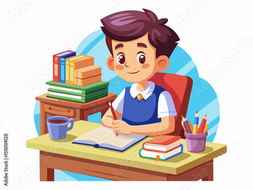 A clean vector of a school student sitting at a desk writing in a notebook, isolated on a white background