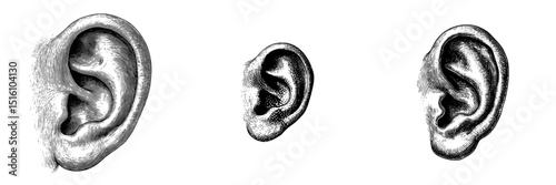 Modern illustration featuring a detailed black and white sketch of a human ear with shading effects
