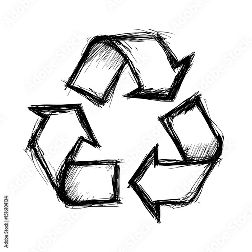 Modern illustration of a black and white recycling symbol featuring three arrows in a sketch style