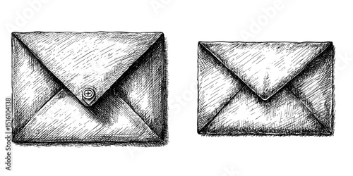 A sealed envelope is depicted in a detailed black and white sketch with crosshatch shading, presented as a modern illustration