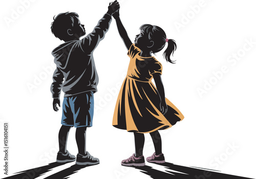 Silhouette illustration of a boy and girl high fiving together celebrating joyful friendship
