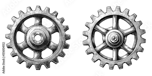 Detailed shading is used in this modern illustration of a black and white mechanical gear sketch