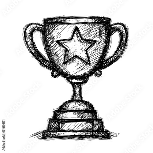 The illustration is a modern depiction of a trophy and star, created in a hand-drawn black and white sketch style