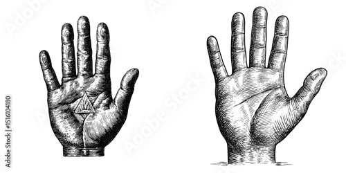 Modern illustration presents a monochrome drawing of a detailed sketch of an open hand with extended fingers