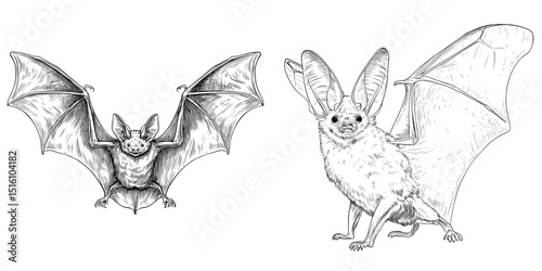 A bat is depicted in a modern black and white sketch with large ears and outstretched wings