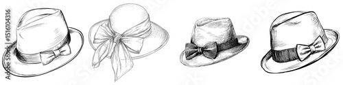 Modern illustration featuring an elegant black and white sketch of a classic fedora with a bow tie design