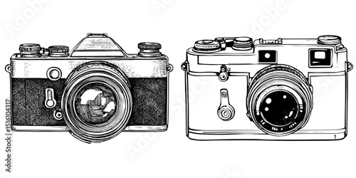 A camera is depicted in a black and white outline sketch illustration