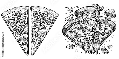 Modern illustration of pizza slices for a coloring book page or a food menu design template in isolated art