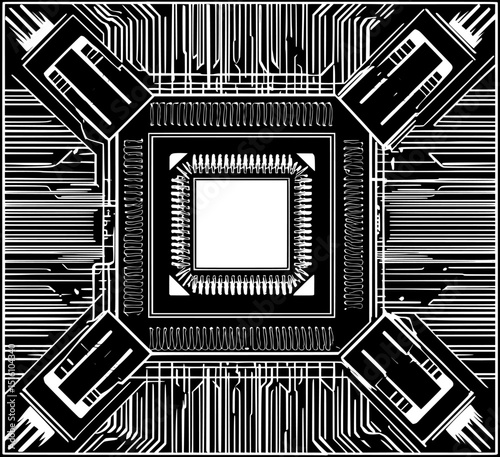 The brain of your computer is the CPU microchip, illustrated in a simple black outline on a clean background, making it ideal for website use