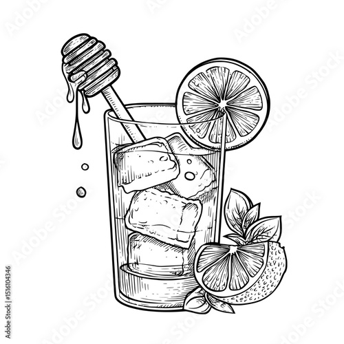 The image of Honey Lemonade, illustrated as a monochrome hand-drawn sketch with honey dripping into the glass, is set on a transparent background and functions as a refreshing beverage icon,