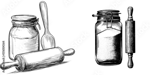 The illustration, in black and white, showcases a vintage style jar accompanied by a rolling pin