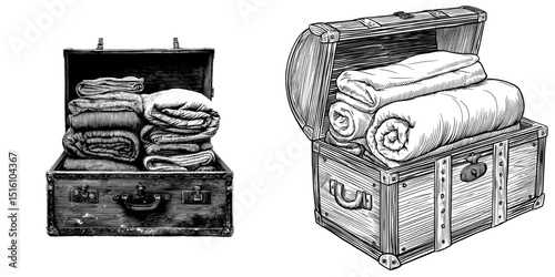 The image features a vintage storage trunk accompanied by neatly folded blankets in a black and white sketch