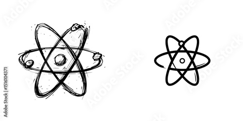 A minimalist black line art icon symbolizing an atom, comprising a central nucleus surrounded by electrons on intersecting elliptical pathways, serves as a clean symbol for science concepts
