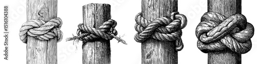 An intricate illustration from the past featuring a knot on a wooden post, rendered in a vintage wood style