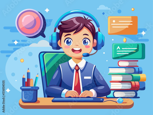 A professional vector of a schoolboy with a headset, actively speaking in an online class, on a light blue background