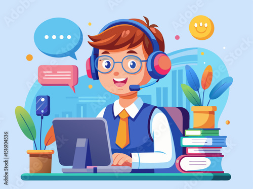 A professional vector of a schoolboy with a headset, actively speaking in an online class, on a light blue background