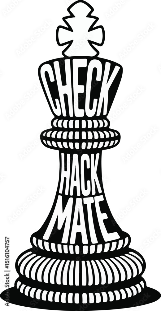Naklejka premium Check Hack Mate chess piece: A stark monochrome depiction of a chess piece, creatively rendered with the words 
