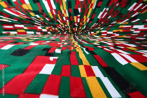 a colorful African kente cloth pattern bursting outward like a vibrant explosion, geometric shapes caught mid-motion on a pure