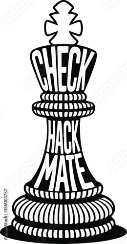 Check Hack Mate chess piece: A stark monochrome depiction of a chess piece, creatively rendered with the words "CHECK, HACK, MATE" integrated into its form.
