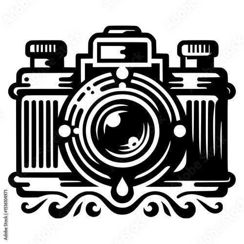 A vintage-style camera logo featuring an old film camera with decorative elements
