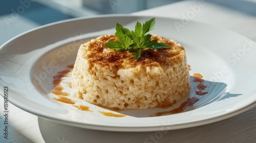 Exquisite Rice Pudding Dessert Garnished with Mint on a White Plate