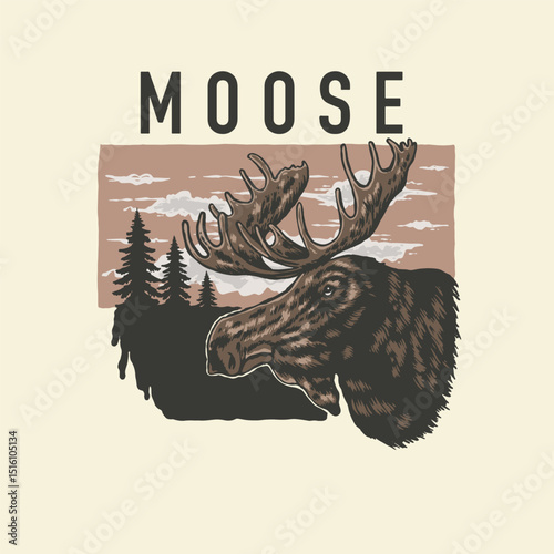 A stunning illustration of a moose’s head in profile, set against a backdrop of trees, showcasing the majesty and serenity of this wildlife icon, perfect for outdoor projects,summer themed, tshirt 