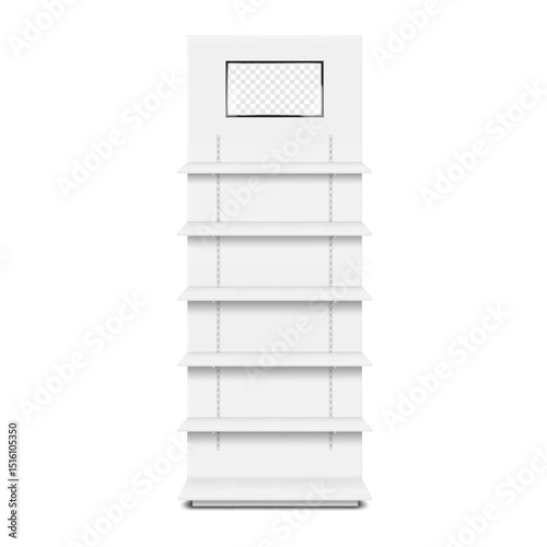 POP display stand with shelves and LED screen front view. Realistic 3d vector mockup. Floor standing retail exhibition rack construction with built-in LCD monitor. Mock-up. Template for design