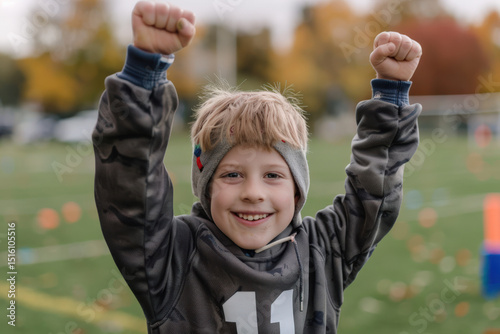 Smiling boy raising arms in excitement on sports field