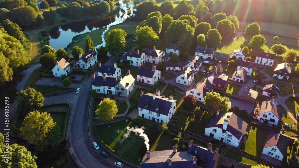Aerial View of a Picturesque English Village with Pond and Smoke