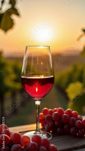 Glass of rose wine sits on a wooden surface, surrounded by ripe red grapes. The warm sunset in the background highlights the vineyard. Wine-related visuals.