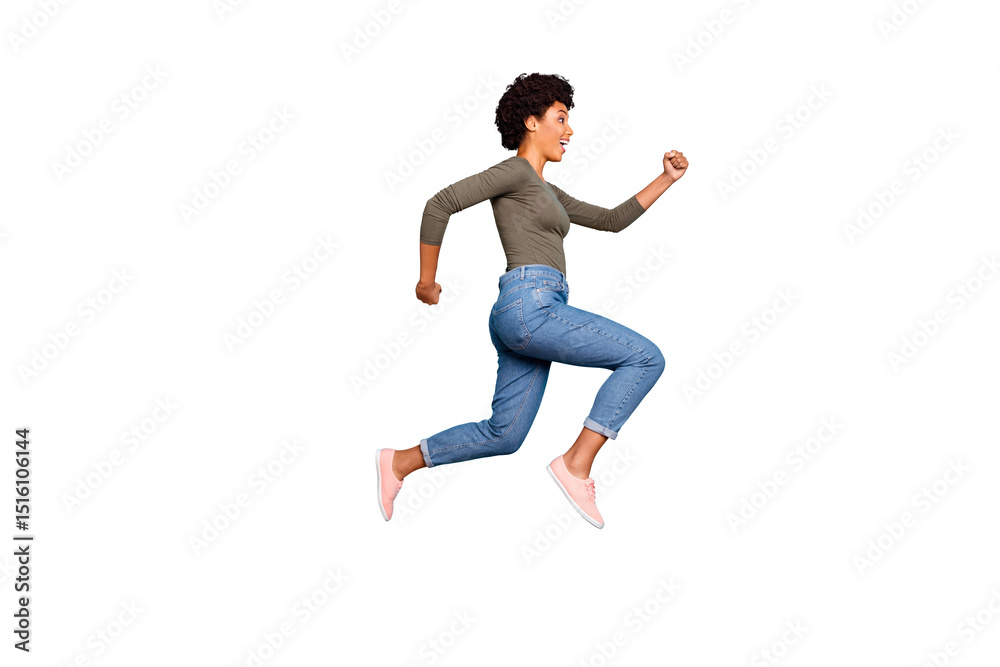 Full length body size photo of cheerful charming cute jumping fast quick woman running towards shopping mall for sales wearing jeans denim isolated over vivid color blue background Full length body size photo of cheerful charming cute jumping fast quick woman running towards shopping mall for sales wearing jeans denim isolated over vivid color blue background