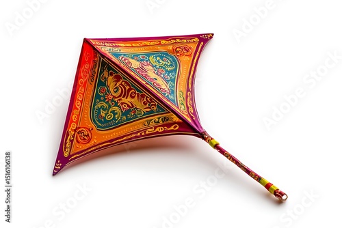 a colorful kite frozen mid-flutter as if soaring, vibrant traditional patterns visible on the stretched paper surface, isolated perfectly against a clean photo