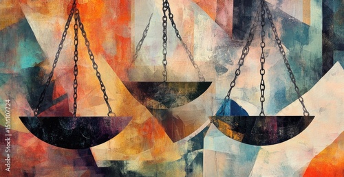 Abstract scales of justice, painted in vibrant, geometric shapes and textured brushstrokes.  Dark metal chains connect the balanced scales