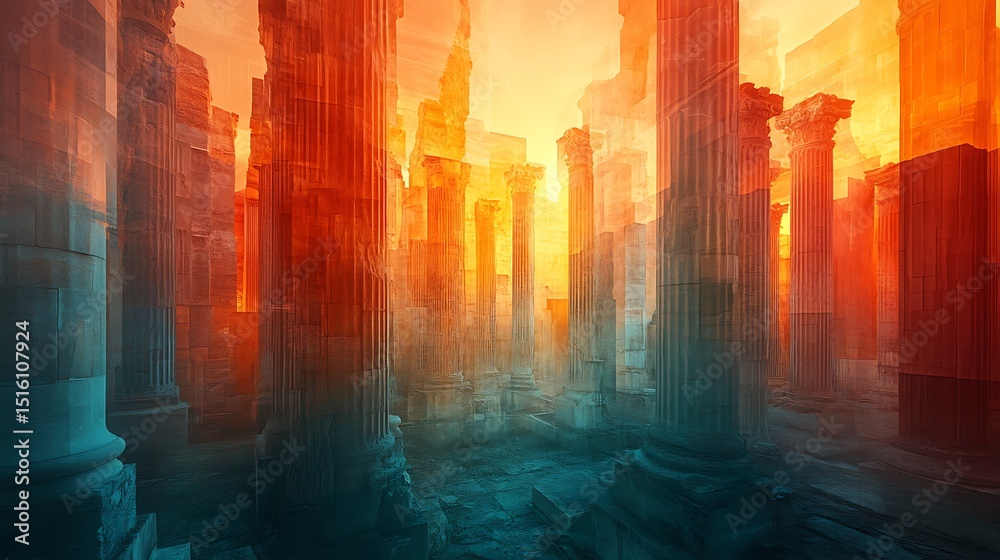 Obraz premium Ethereal ruins bathed in the glow of sunrise: Architectural fantasy landscape
