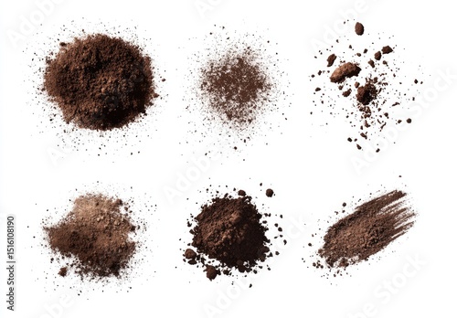 Six variations of dark brown powder, ranging from clumps to scattered particles, against a white background.  Each pile exhibits distinct textures and degrees of dispersion