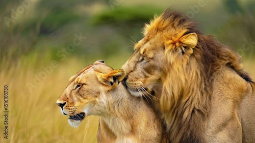 Wild lion couple bonding in golden African savannah — cinematic close-up of affectionate behavior, natural interaction, and wildlife emotion in nature video