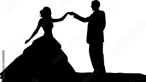 A black and white silhouette of a bride and groom dancing together. The bride is on the left, the groom on the right, both facing each other in a graceful pose. The bride’s dress flows elegantly, and 