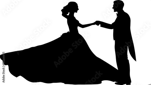A black and white silhouette of a bride and groom dancing together. The bride is on the left, the groom on the right, both facing each other in a graceful pose. The bride’s dress flows elegantly, and 