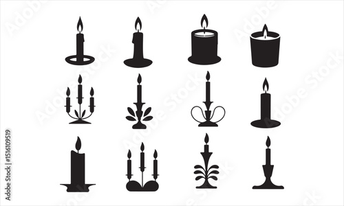 set of nine simple, black and white candle icons showcases various candle holders, from single candles to elaborate candle stands.