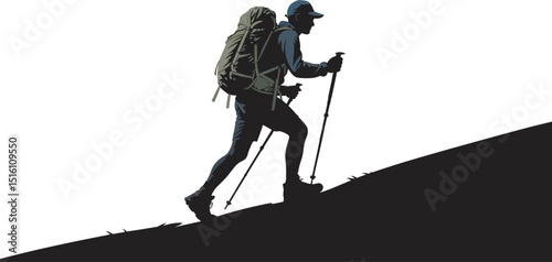 Silhouette of a hiker ascending a steep hill with backpack and hiking poles against white