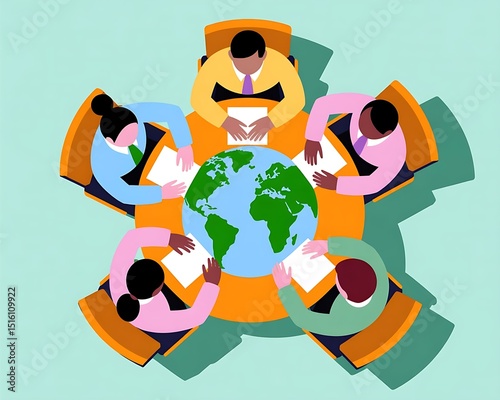 Diverse Global Business Team Collaborating Around a Digital World Map Table in Modern Office Environment – International Partnership Concept Illustration