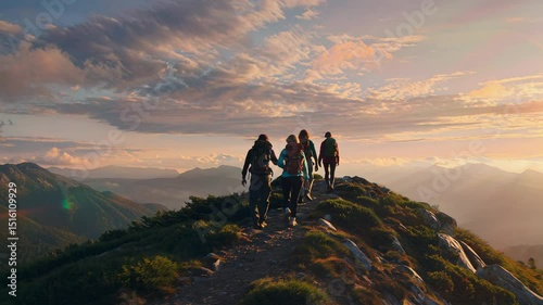 Teamwork among hikers on a beautiful mountain trail during a stunning sunset