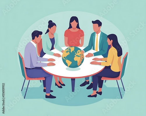 Diverse Global Business Team Collaborating Around a Digital World Map Table in Modern Office Environment – International Partnership Concept Illustration
