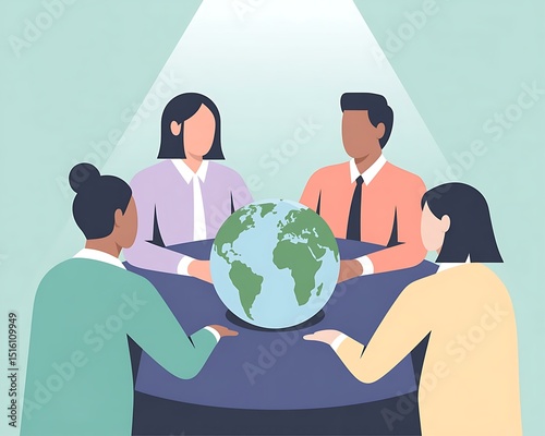 Diverse Global Business Team Collaborating Around a Digital World Map Table in Modern Office Environment – International Partnership Concept Illustration