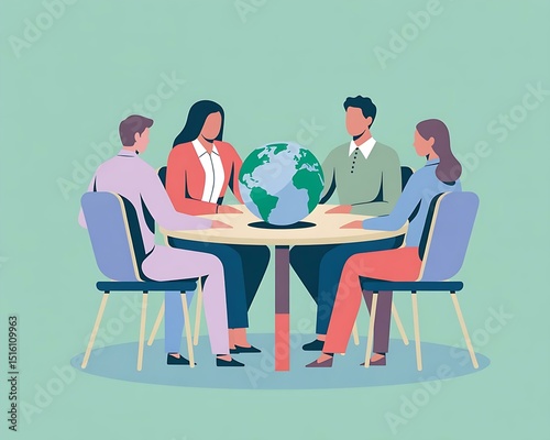 Diverse Global Business Team Collaborating Around a Digital World Map Table in Modern Office Environment – International Partnership Concept Illustration