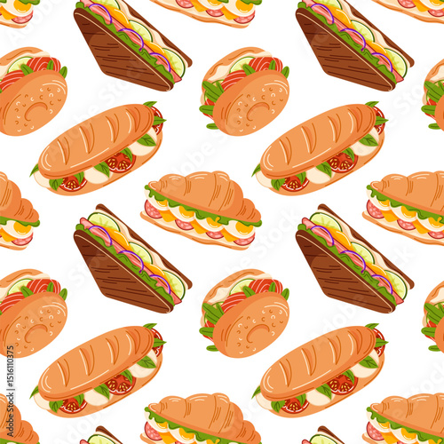 Seamless pattern with avocado toast, sandwiches, bagel, croissant, baguette in flat style. Perfect for delivery design, restaurant menu, kitchen wallpaper and food package on a white background.