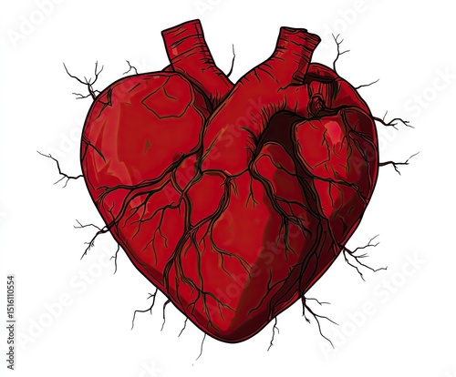 Detailed illustration of a human heart, highlighted by intricate blood vessels.  Red heart shape,  anatomically accurate,  with visible veins radiating from the organ