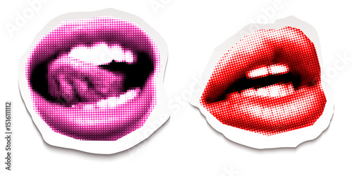 Two pop art lips halftone style stickers isolated on transparent background