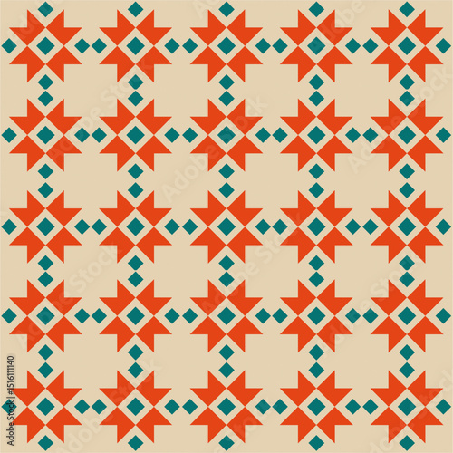 This seamless pattern blends red-orange arrows, teal squares, and white diamonds into a balanced grid, creating a vibrant, vintage-inspired geometric textile design.